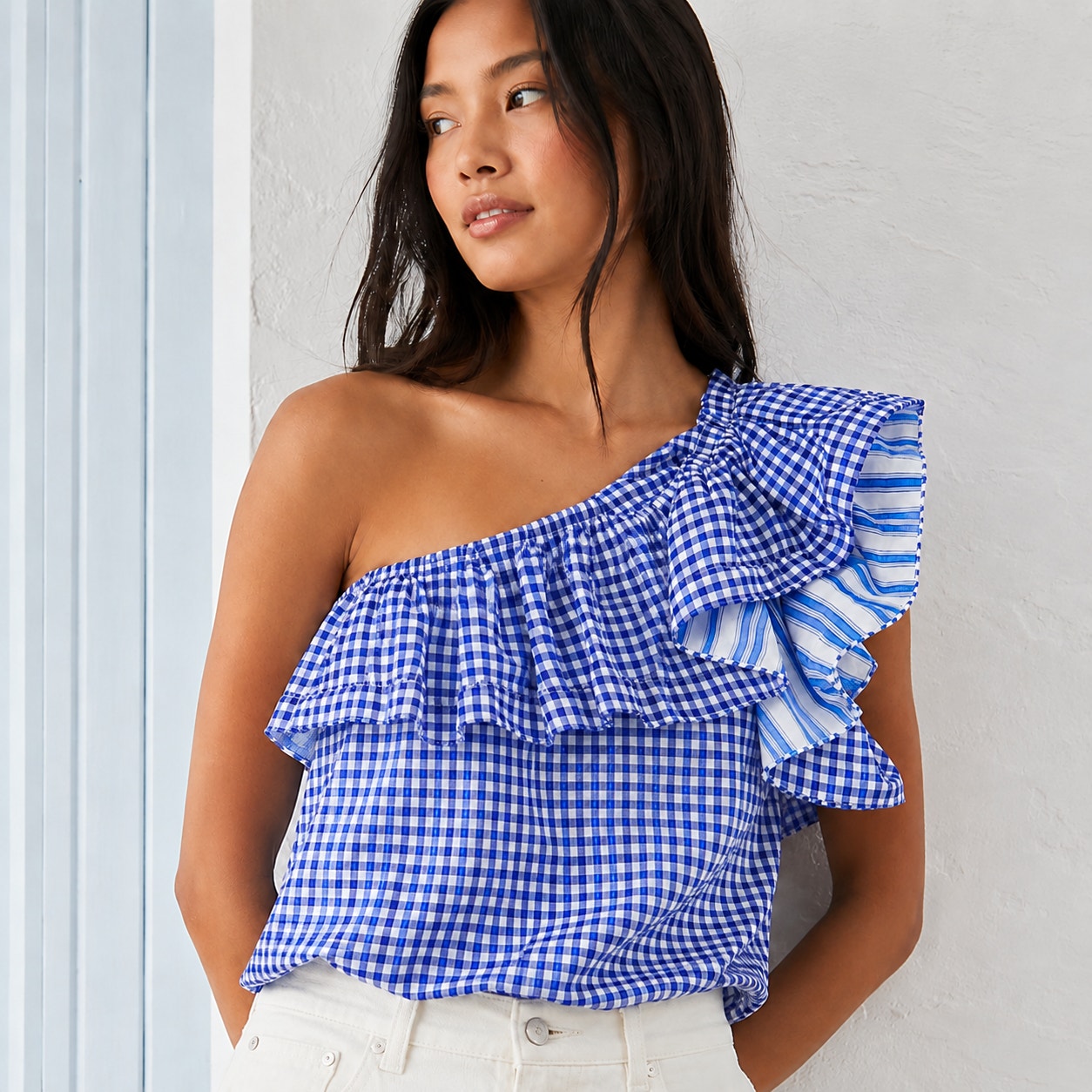 Misa Los Angeles Blue Gingham One Shoulder Ruffle Cotton Top Small Coastal